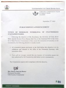 Forestry Commission releases approved revenue subheads for CRIRS collection, withdraws unauthorized evacuation passes