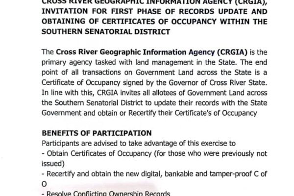 Cross River Geographic Information Agency (CRGIA), Invitation For First Phase Of Records Update And Obtaining Of Certificates Of Occupancy Within The Southern Senatorial District