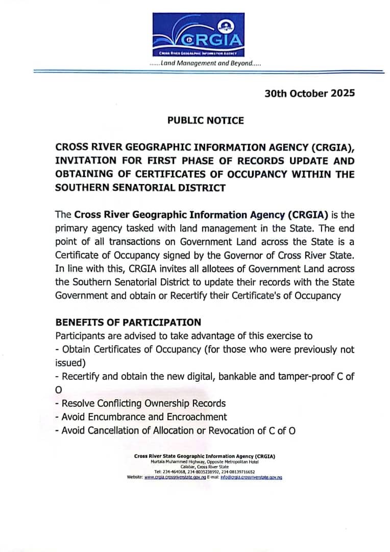 Cross River Geographic Information Agency (CRGIA), Invitation For First Phase Of Records Update And Obtaining Of Certificates Of Occupancy Within The Southern Senatorial District