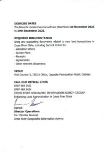 Cross River Geographic Information Agency (CRGIA), Invitation For First Phase Of Records Update And Obtaining Of Certificates Of Occupancy Within The Southern Senatorial District
