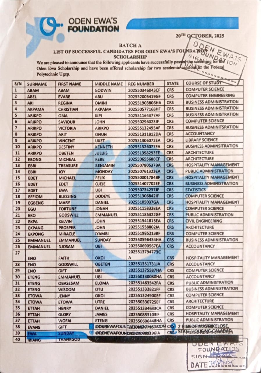 Oden Ewa Foundation Announces Successful Candidates for the 2025 Scholarship Programme at the Federal Polytechnic, Ugep