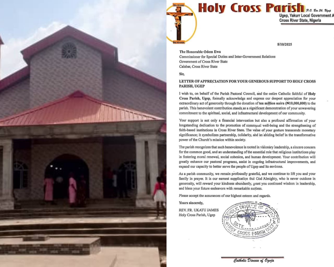 Hon. Oden Ewa Donates N10 Million to Holy Cross Catholic Church, Reaffirms Commitment to Faith, Community, and  Social Development