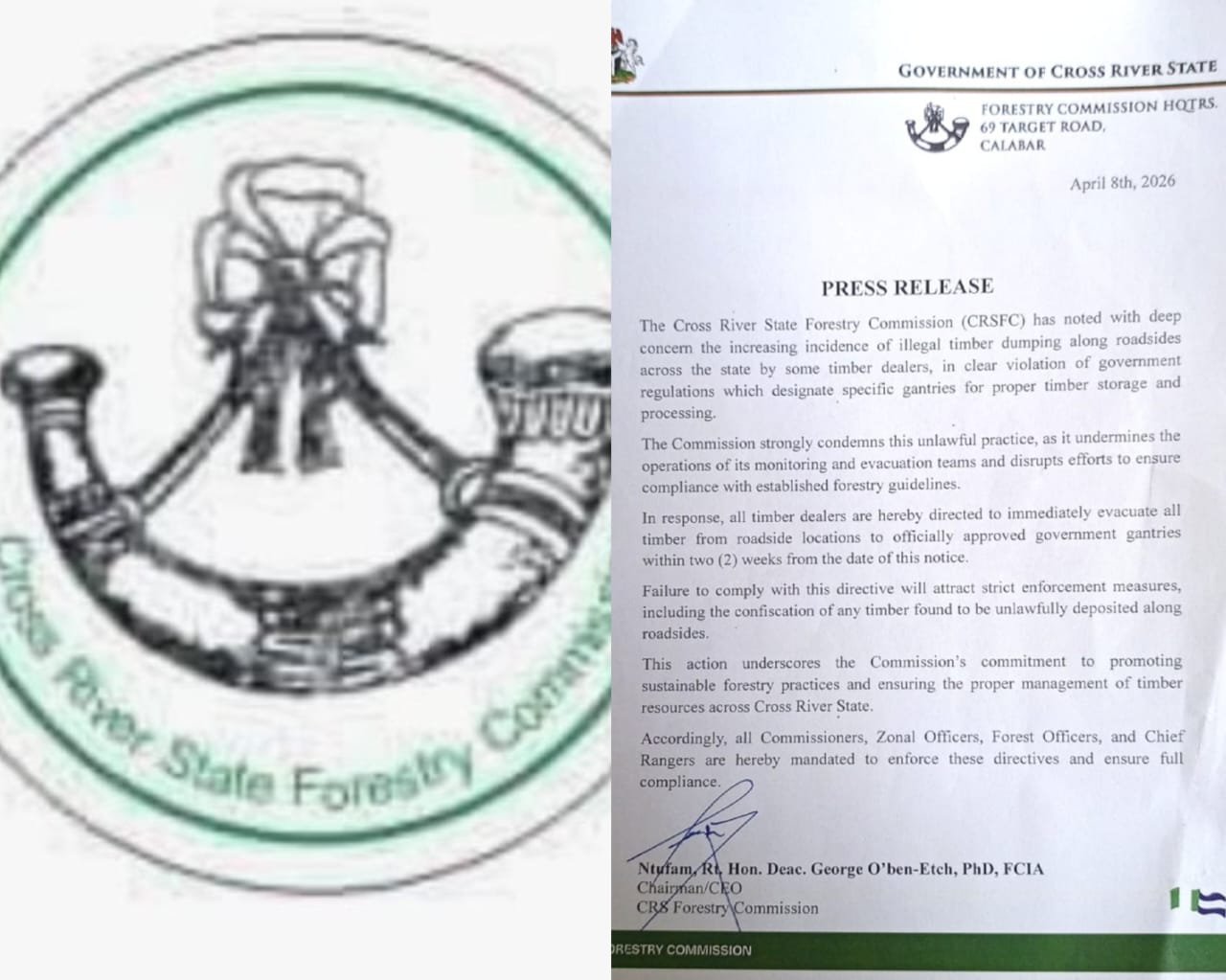 Cross River Forestry Commission Issues Two-Week Ultimatum to Timber Dealers Over Illegal Roadside Dumping