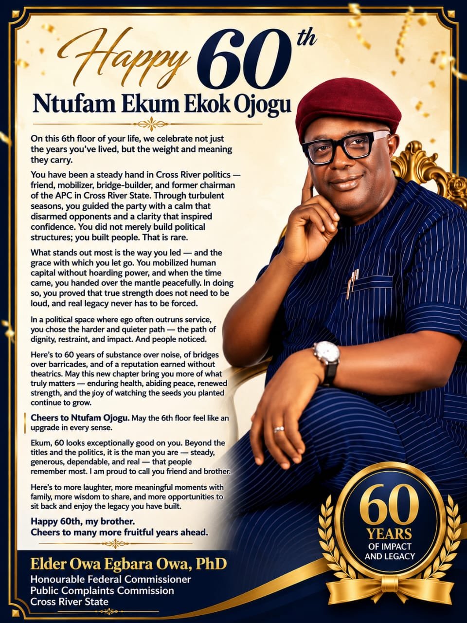 C'River Federal Commissioner, Dr Owa, felicitates Ntufam Ekum Ekok Ojogu on his 60th birthday