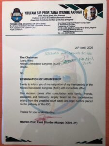 Former UNICAL VC, Prof. Zana Akpagu, Resigns from ADC, Cites Legal Uncertainties