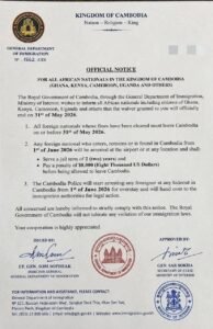 Cambodian Govt Orders All Africans To Leave By May 31 Or Face Jail Term, $8,000 Fine