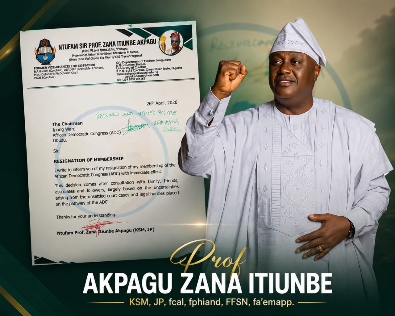 Former UNICAL VC, Prof. Zana Akpagu, Resigns from ADC, Cites Legal Uncertainties