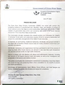 Cross River Govt Warns Against Illegal Sale, Lease of Forest Reserves; Declares Transactions Null and Void