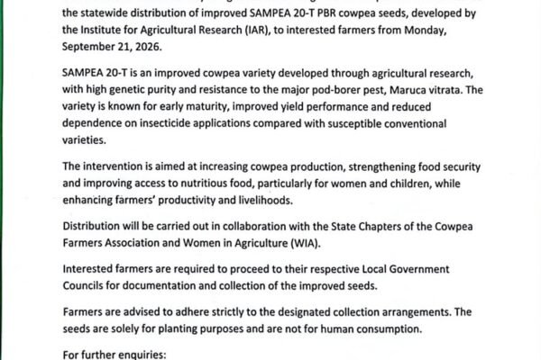 Cross River Commences Statewide Distribution of Improved Cowpea Seeds