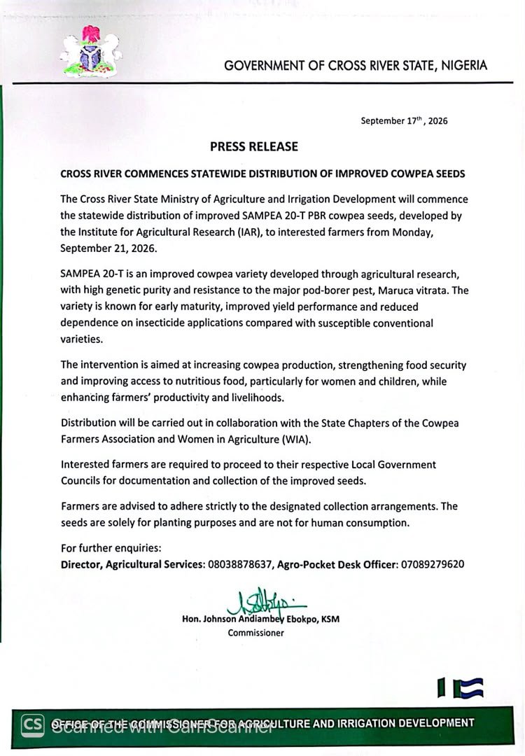 Cross River Commences Statewide Distribution of Improved Cowpea Seeds