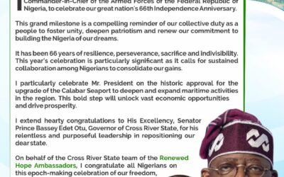 Nigeria At 66: Amb. Soni Abang Congratulates Tinubu, Otu, Lauds Calabar Seaport Upgrade