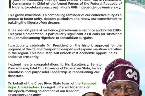 Nigeria At 66: Amb. Soni Abang Congratulates Tinubu, Otu, Lauds Calabar Seaport Upgrade