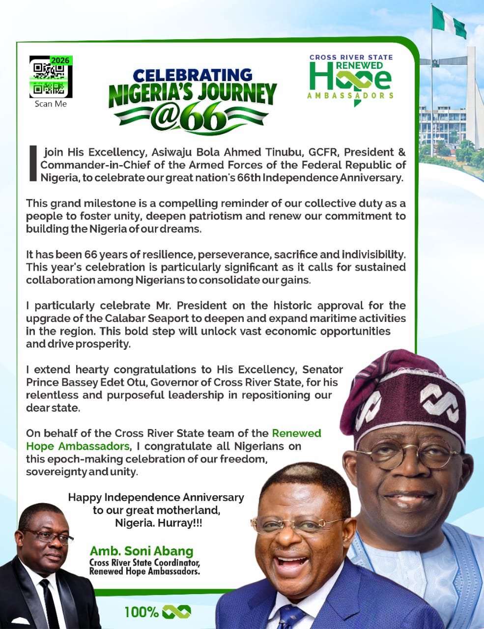 Nigeria At 66: Amb. Soni Abang Congratulates Tinubu, Otu, Lauds Calabar Seaport Upgrade